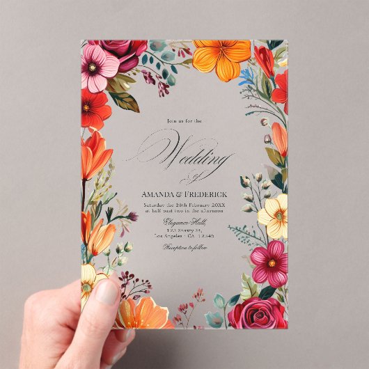 透明なビバントな花のメキシカンフィエスタウェディング アクリル招待状 (インサイチュ (ポータブル))