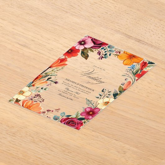 透明なビバントな花のメキシカンフィエスタウェディング アクリル招待状 (レイダウン)