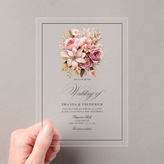 透明なピンクと金ゴールドのフローラ結婚の アクリル招待状 (インサイチュ (ポータブル))