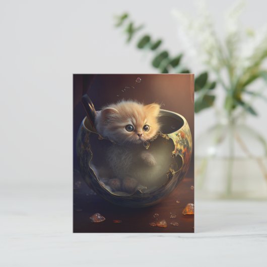 透明な壊れたティーカップの子猫 ポストカード (スタンド正面)