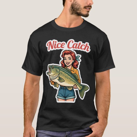 透明な背景の大きな魚を持つ漫画の女性 Tシャツ (正面)