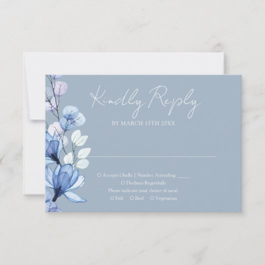 透明な花のモノグラム ダスティーブルー結婚式 出欠カード (正面)