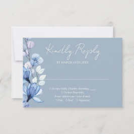 透明な花のモノグラム ダスティーブルー結婚式 出欠カード