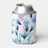 透明な花、水色のシームレスなパターン 缶クーラー (缶正面)
