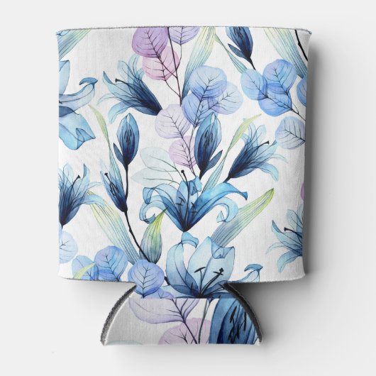 透明な花、水色のシームレスなパターン 缶クーラー (正面)