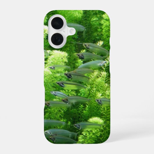 透明な銀色の魚の群れ iPhone 16ケース (裏面)
