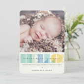 透明な青'HELLO'タイポグラフィフォト誕生 案内状 (スタンド正面)