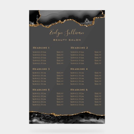 透明な黒と金ゴールドの価格リスト アクリルサイン (正面)