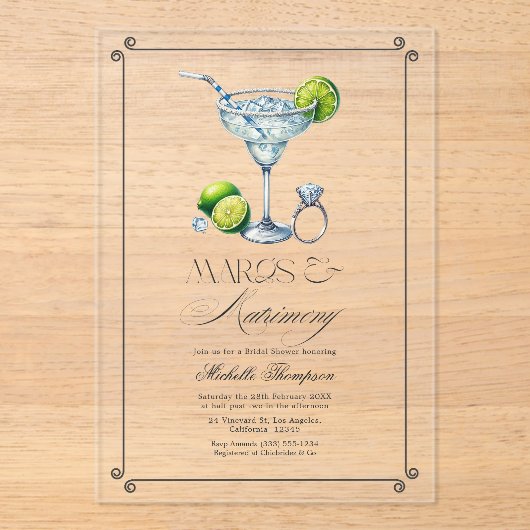 透明なMargs & Matrimony ブライダルシャワー アクリル招待状 (正面)