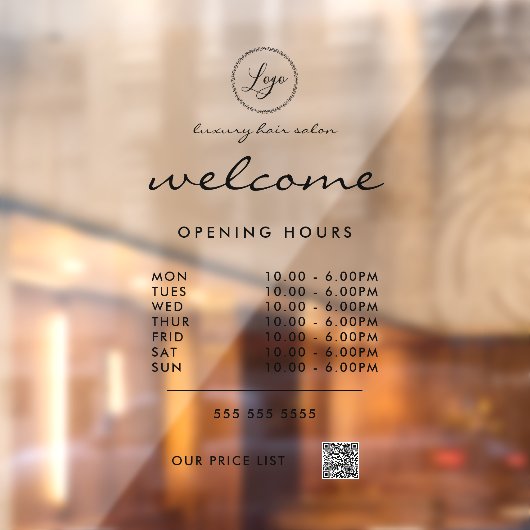 透明の歓迎営業時間ロゴQRコード窓用シール ウィンドウサイン (シート2)