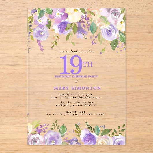 透明アクリルサプライズ 19歳の誕生日 紫の花 アクリル招待状 (正面)