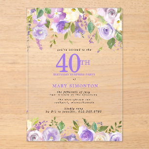 透明アクリルサプライズ 40歳の誕生日 紫の花 アクリル招待状