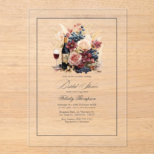 透明アクリルワイン及びフローラブライダルシャワー アクリル招待状 (正面)