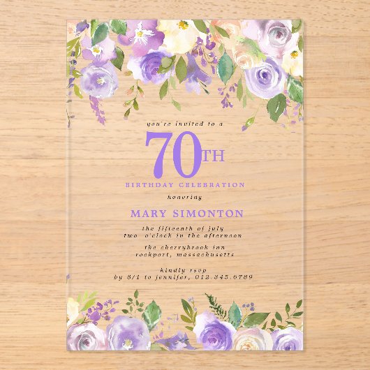 透明アクリル製の紫の花柄の70歳の誕生日パーティー アクリル招待状 (正面)