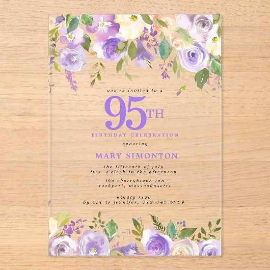 透明アクリル製の紫の花柄の95歳の誕生日パーティー アクリル招待状 (正面)
