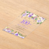 透明アクリル 紫の花柄 100歳の誕生日パーティー アクリル招待状 (レイダウン)