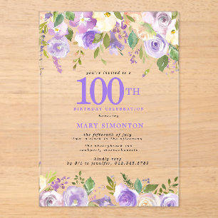 透明アクリル 紫の花柄 100歳の誕生日パーティー アクリル招待状