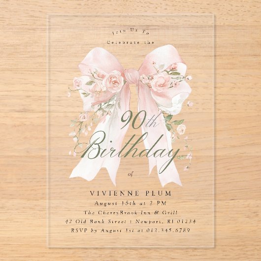 透明アクリル 90歳の誕生日 ピンクの弓 バラの花 アクリル招待状 (正面)