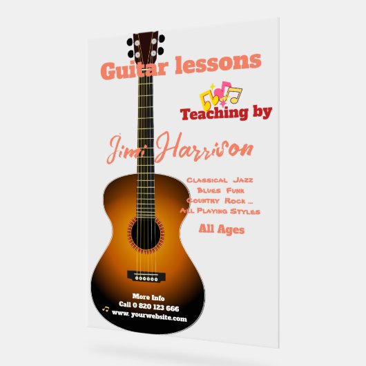 透明エレガントギターレッスンアクリルサイン アクリルサイン (傾斜)