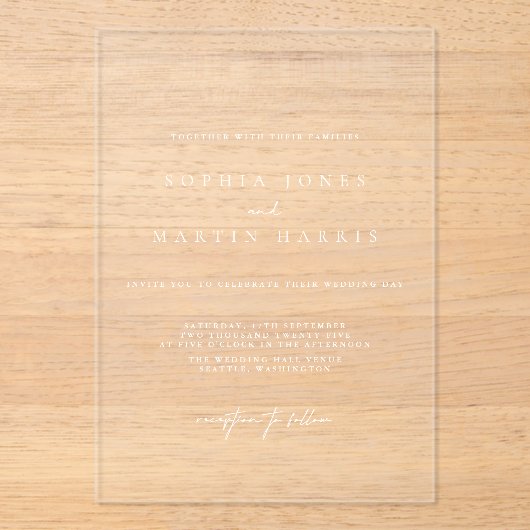 透明エレガントミニマル結婚リスト アクリル招待状 (正面)