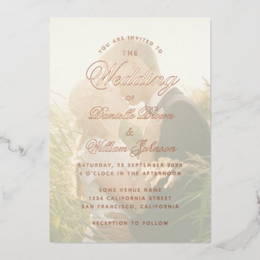 透明エレガント写真結婚の書道 箔招待状 (正面)