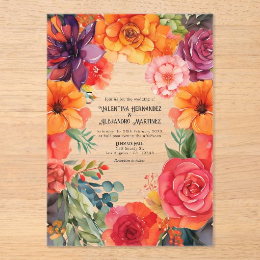 透明カラフルフローラメキシ結婚コフィエスタ アクリル招待状 (正面)