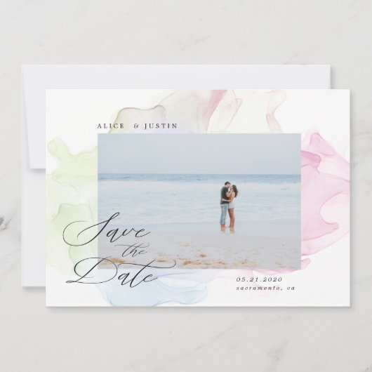 透明シルクモダンの写真日付を保存 招待状 (正面)