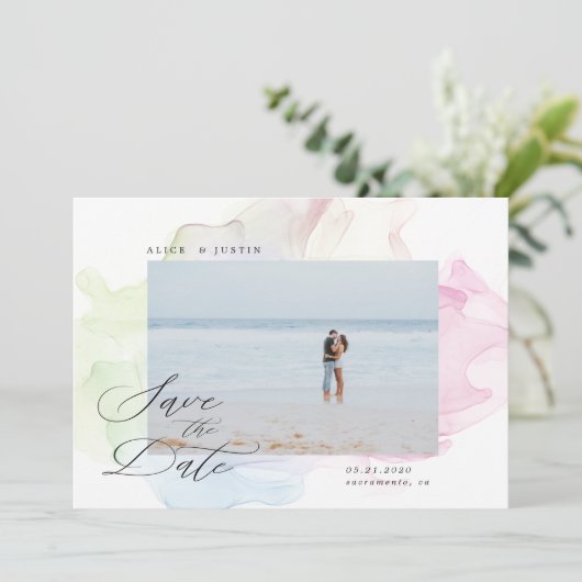 透明シルクモダンの写真日付を保存 招待状 (スタンド正面)