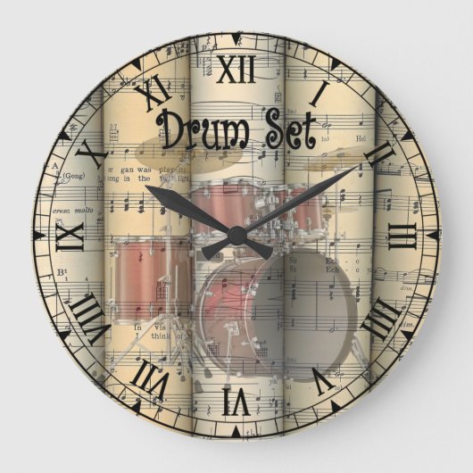 透明ドラムセット〜転がヴィンテージシート音楽 ラージ壁時計 (正面)