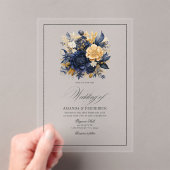 透明ネイビーブルーと金ゴールドフローラ結婚の アクリル招待状 (インサイチュ (ポータブル))
