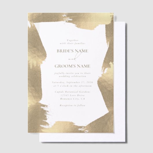 透明フェイク金ホイル縁ど結婚スのオーバーレイ ベラム紙招待状 (オフセット)