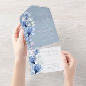 透明フローラモノグラムダスティー結婚ブルー オールインワン招待状 (貼ってはがせる)