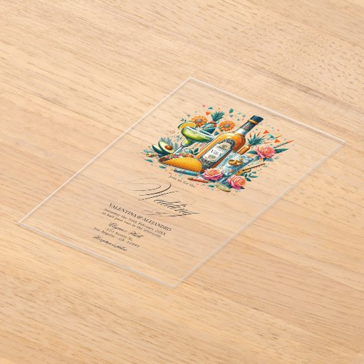 透明メキシカンフィエスタテキーラ&タコス結婚ズ アクリル招待状 (レイダウン)