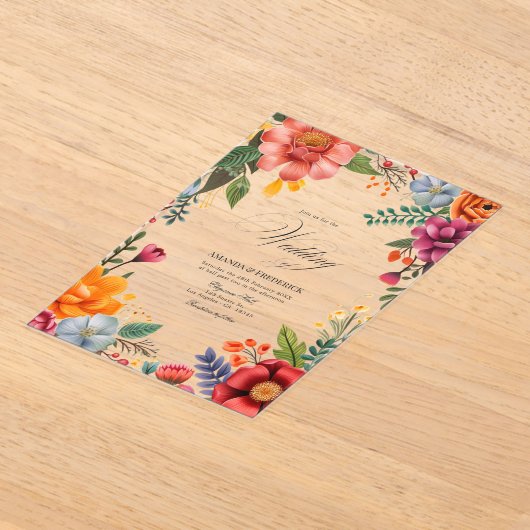 透明メキシコ鮮やかフィエスタ結婚フローラ アクリル招待状 (レイダウン)