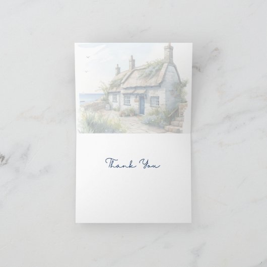 透明水彩画の コーニッシュの海辺の小さな家 サンキューカード (内部)