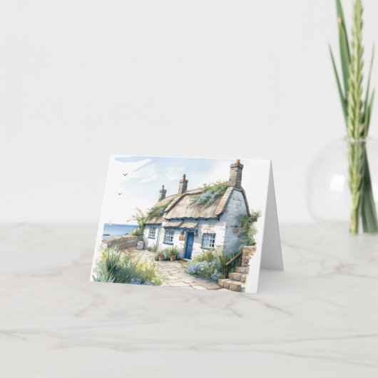 透明水彩画の コーニッシュの海辺の小さな家 サンキューカード (正面)