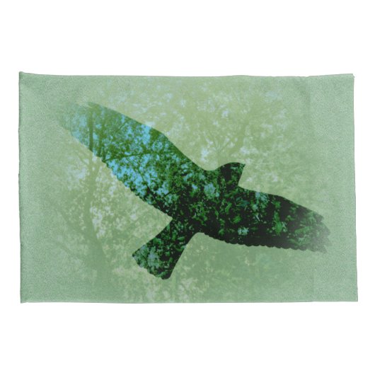 透明飛んでいる黒カラス緑の木の写真 枕カバー (裏面-右)