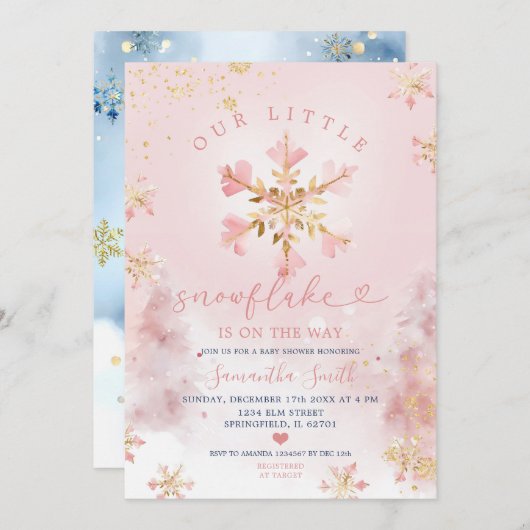 途中でピンクのほこりっぽい冬の小さなスノーフレーク 招待状 (正面/裏面)