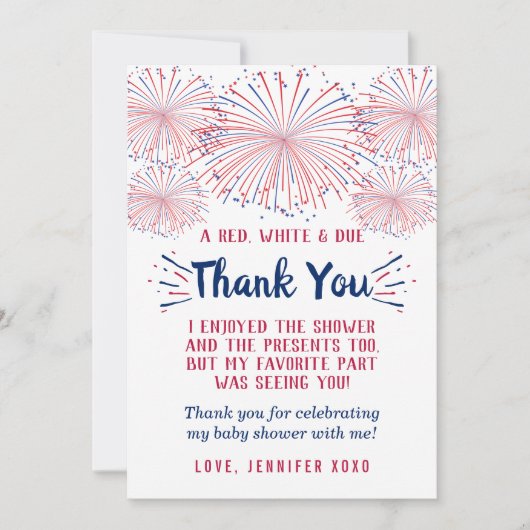 途中で爆竹を!7月4日の赤ちゃんシャワー サンキューカード (正面)