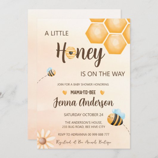 途中で赤ちゃんシャワー蜂蜜を行くママ 招待状 (正面/裏面)