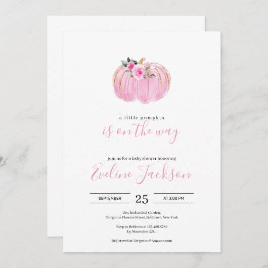 途中のように小さなカボチャを甘くピンクにするベビー 招待状 (正面/裏面)