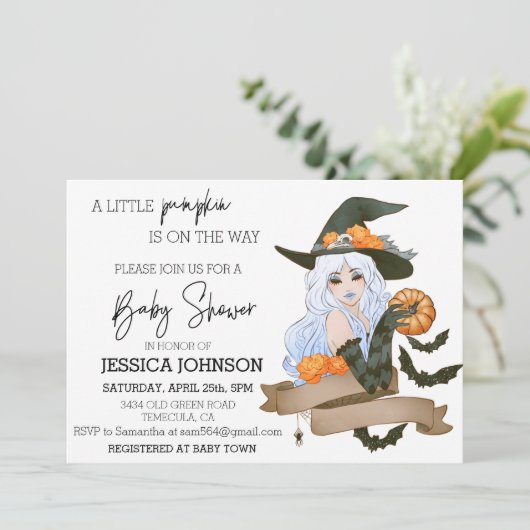 途中のカボチャ魔女の赤ちゃんシャワーハロウィーン 招待状 (スタンド正面)