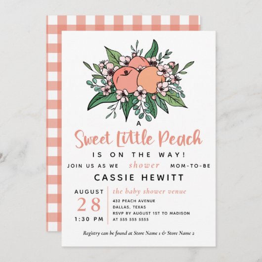 途中のベビーシャワーに出る甘い小さな桃 招待状 (正面/裏面)