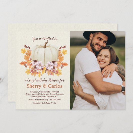 途中の小さなカボチャの赤ちゃんシャワー写真 招待状 (正面/裏面)