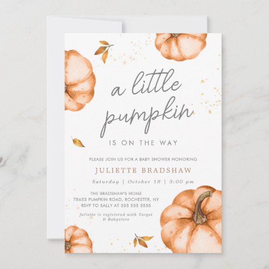 途中の小さなカボチャ秋赤ちゃんシャワー 招待状 (正面)