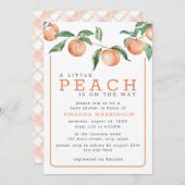 途中の小さな桃の水色の赤ちゃんシャワー 招待状 (正面/裏面)