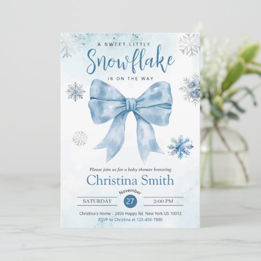 途中の少し雪の結晶の青い男の赤ちゃんシャワー 招待状 (スタンド正面)