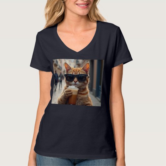 通りでコーヒーを飲む猫 Tシャツ (正面)
