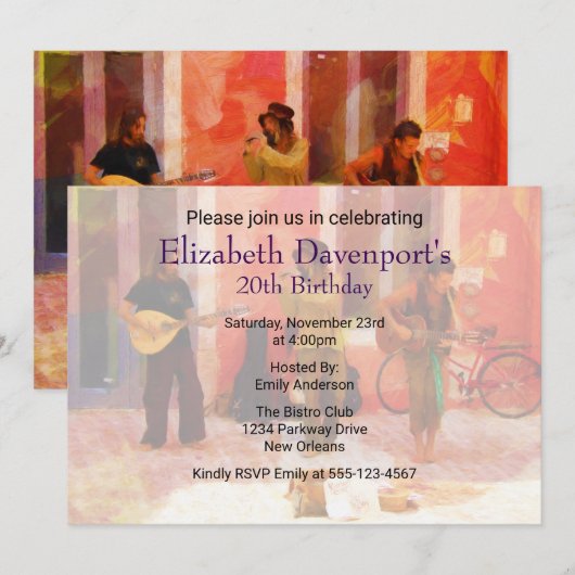 通りで一緒に演奏するストリートミュージシャンの誕生日招待状 招待状 (正面/裏面)