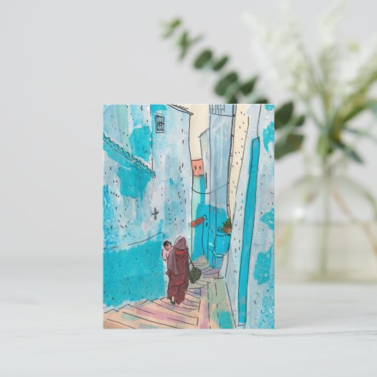 通りのチェフチャウエンモロッコ紙コラージスケッチ ポストカード (スタンド正面)